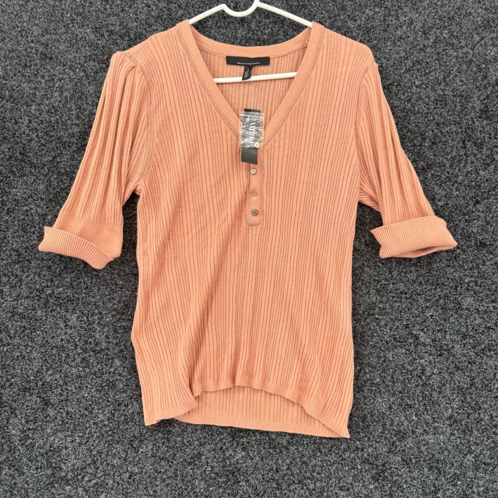 White House Black Market Cashmere Blend Henley Top Cafe Creme Pink Large NEW